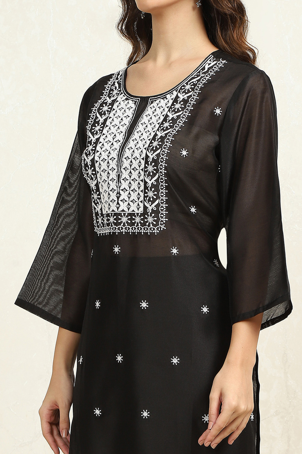 Black Chanderi Machine Embroidered Unstitched Suit Set image number 2