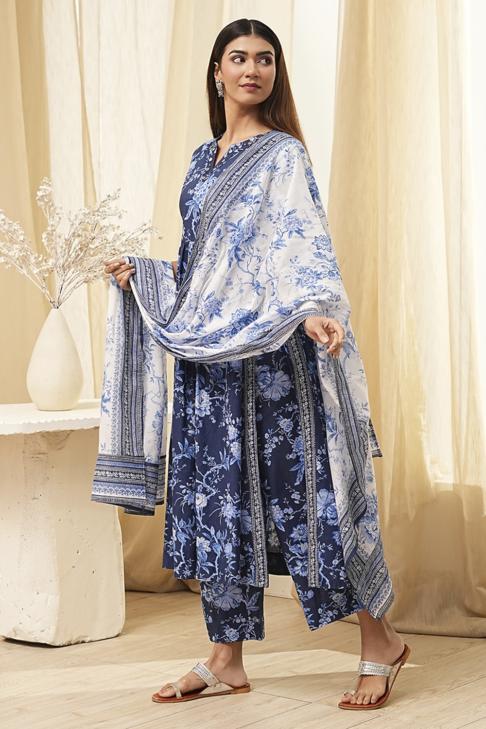 Indigo Pure Cotton Floral Gathered Suit Set image number 2