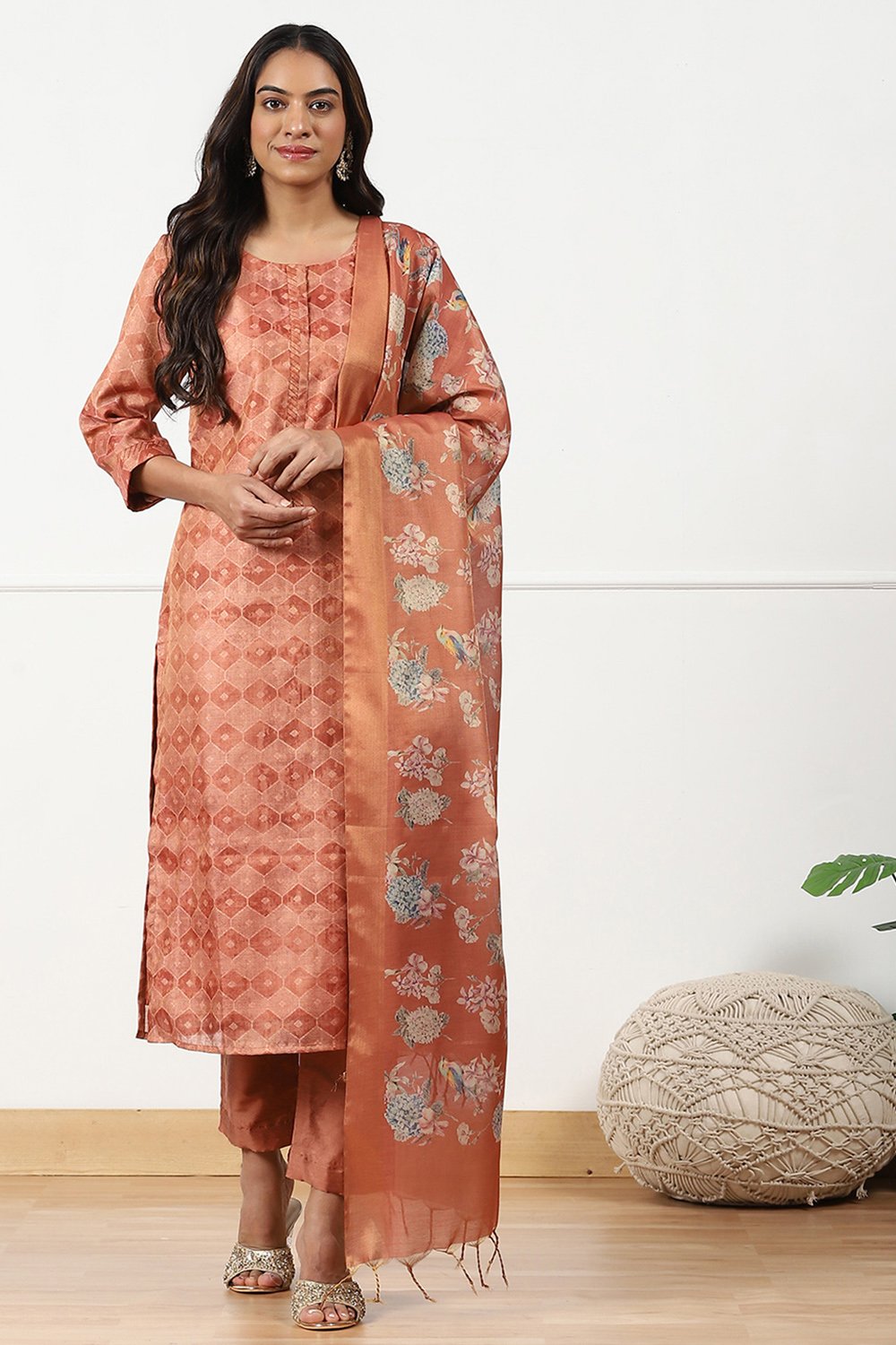 Grey Linen Blend Digital Print Unstitched Suit Set image number 4