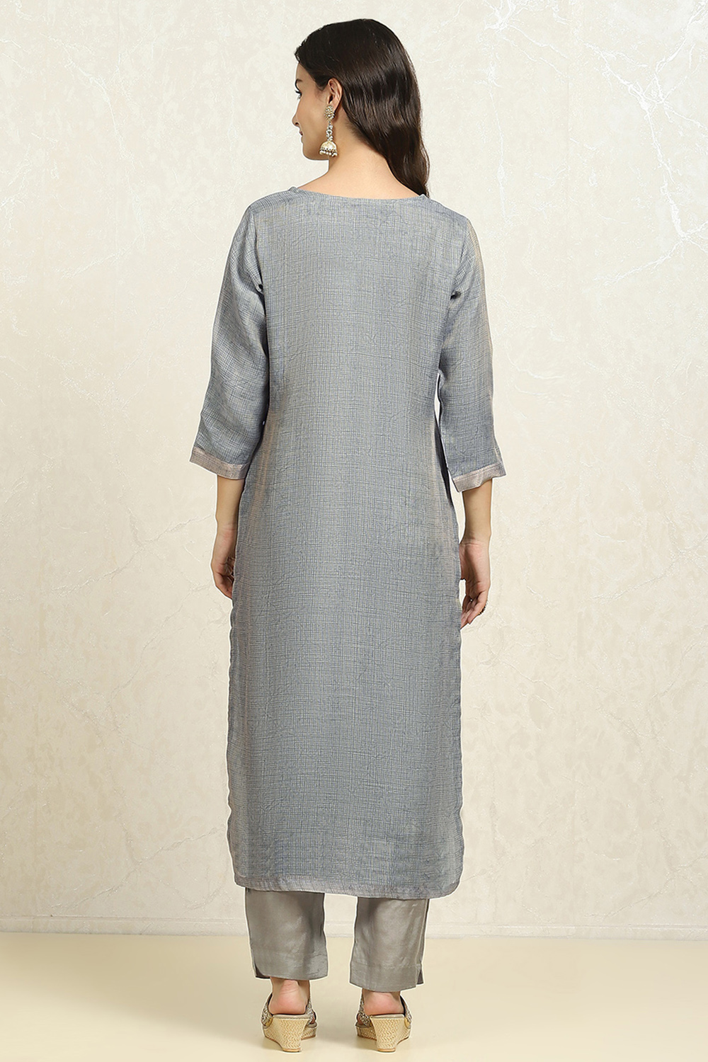 Grey Linen Blend Printed  Embroidered Unstitched Suit Set image number 5