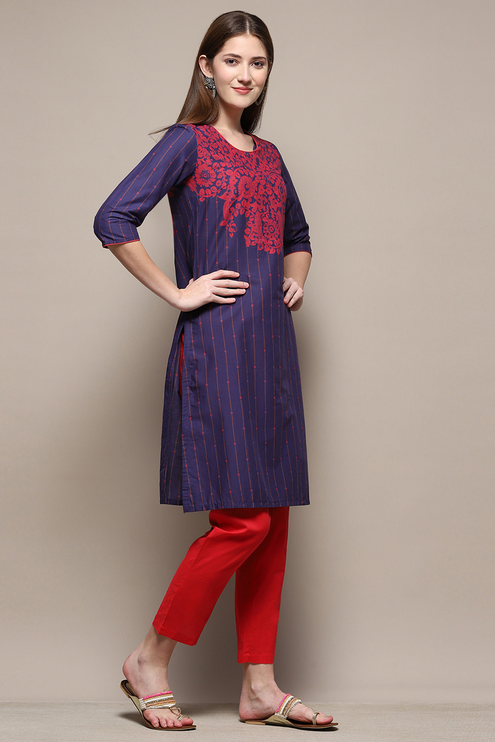 Blue Cotton Straight Printed Kurta image number 4