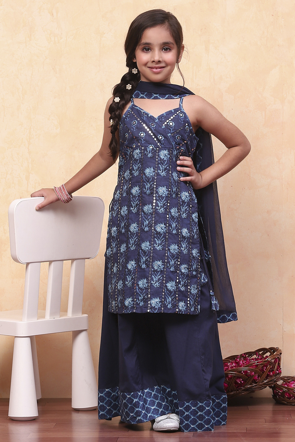 Indigo Cotton Floral Mirror Work Straight Suit Set image number 0