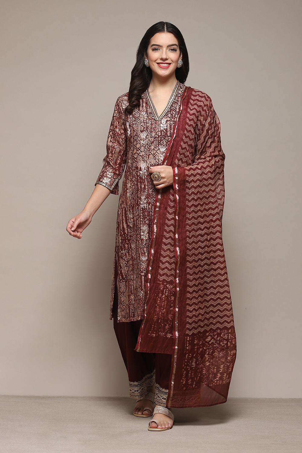 Beige Poly Chanderi Kalidar Printed Kurta Palazzo Suit Set