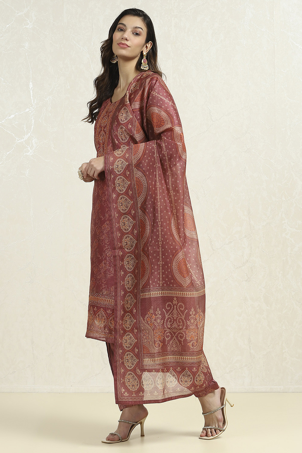 Grey Chanderi Printed Unstitched Suit Set image number 4