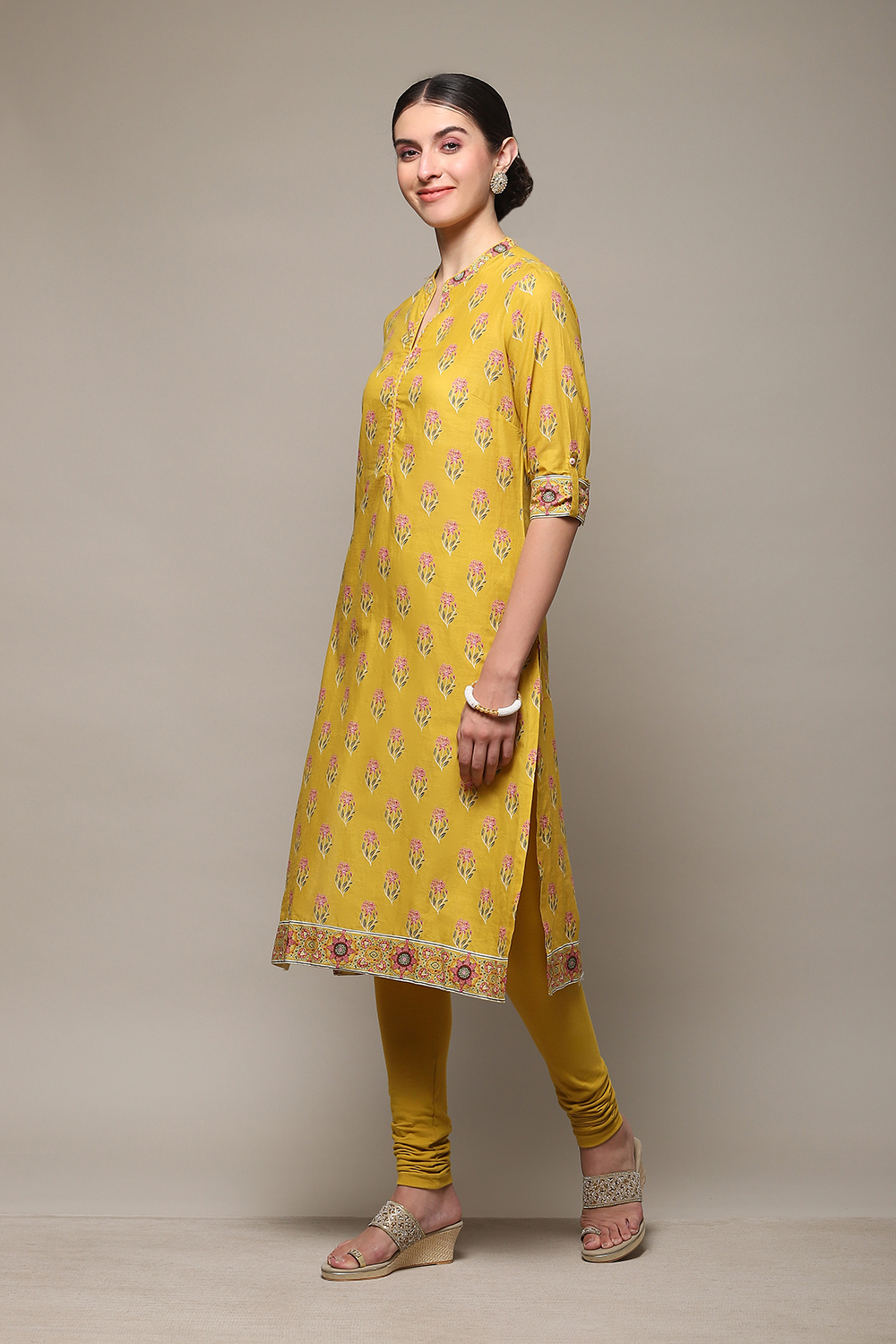 Mustard Cotton Straight Kurta Churidar Suit Set image number 3