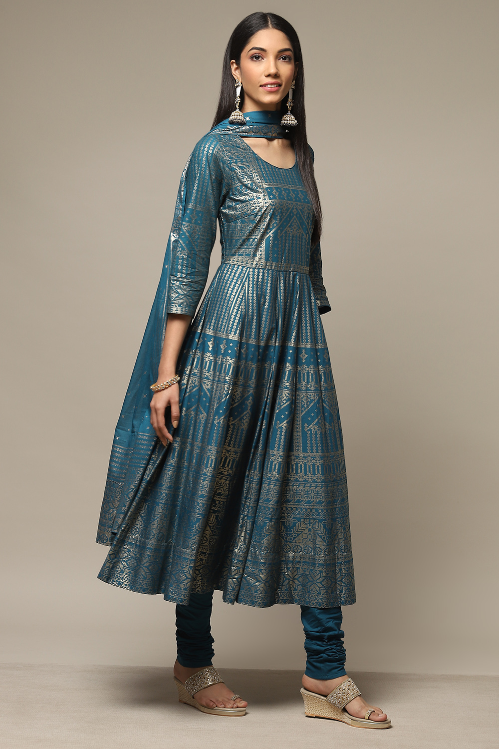 Teal Cotton Anarkali Kurta Churidar Suit Set image number 6