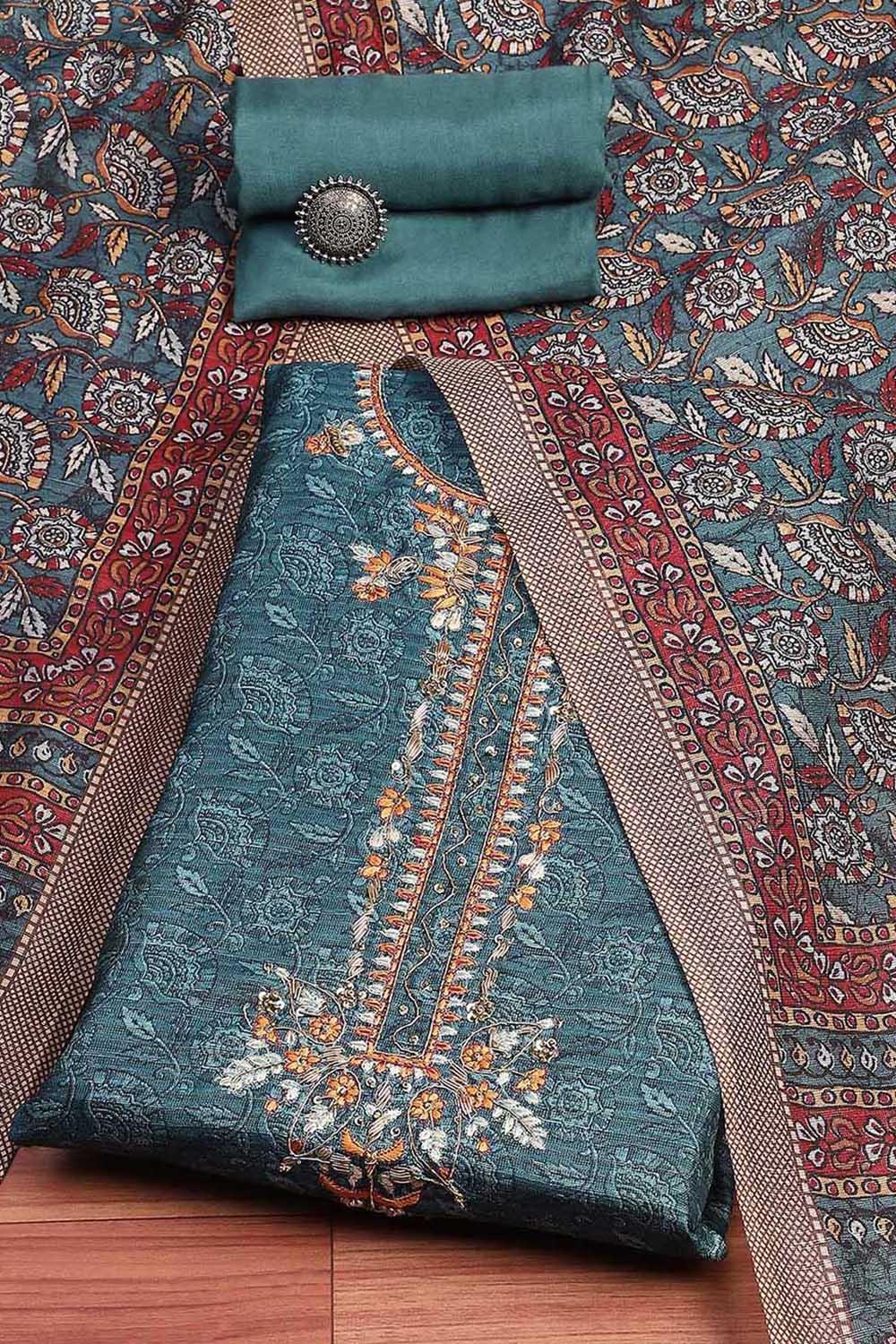 Teal Tussar Hand Embroidered Unstitched Suit Set image number 0