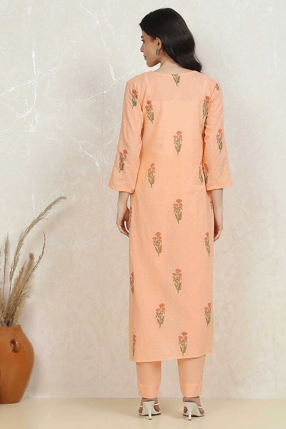 Peach Cotton Hand Block Print Unstitched Suit Set image number 5