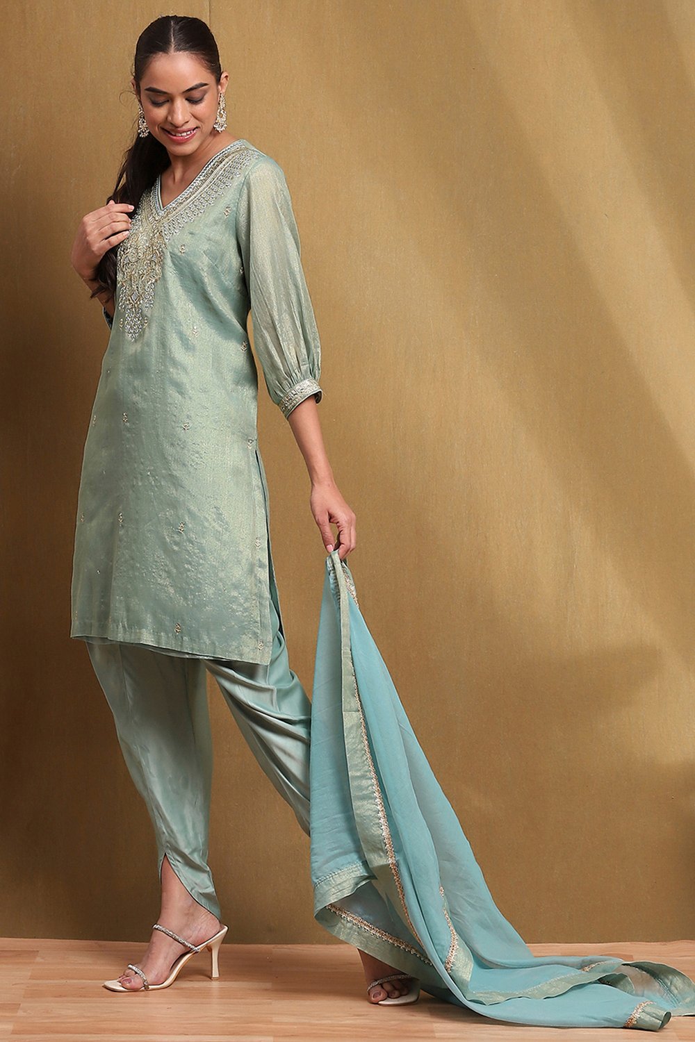 Powder Blue Cotton Short Straight Suit Set image number 0