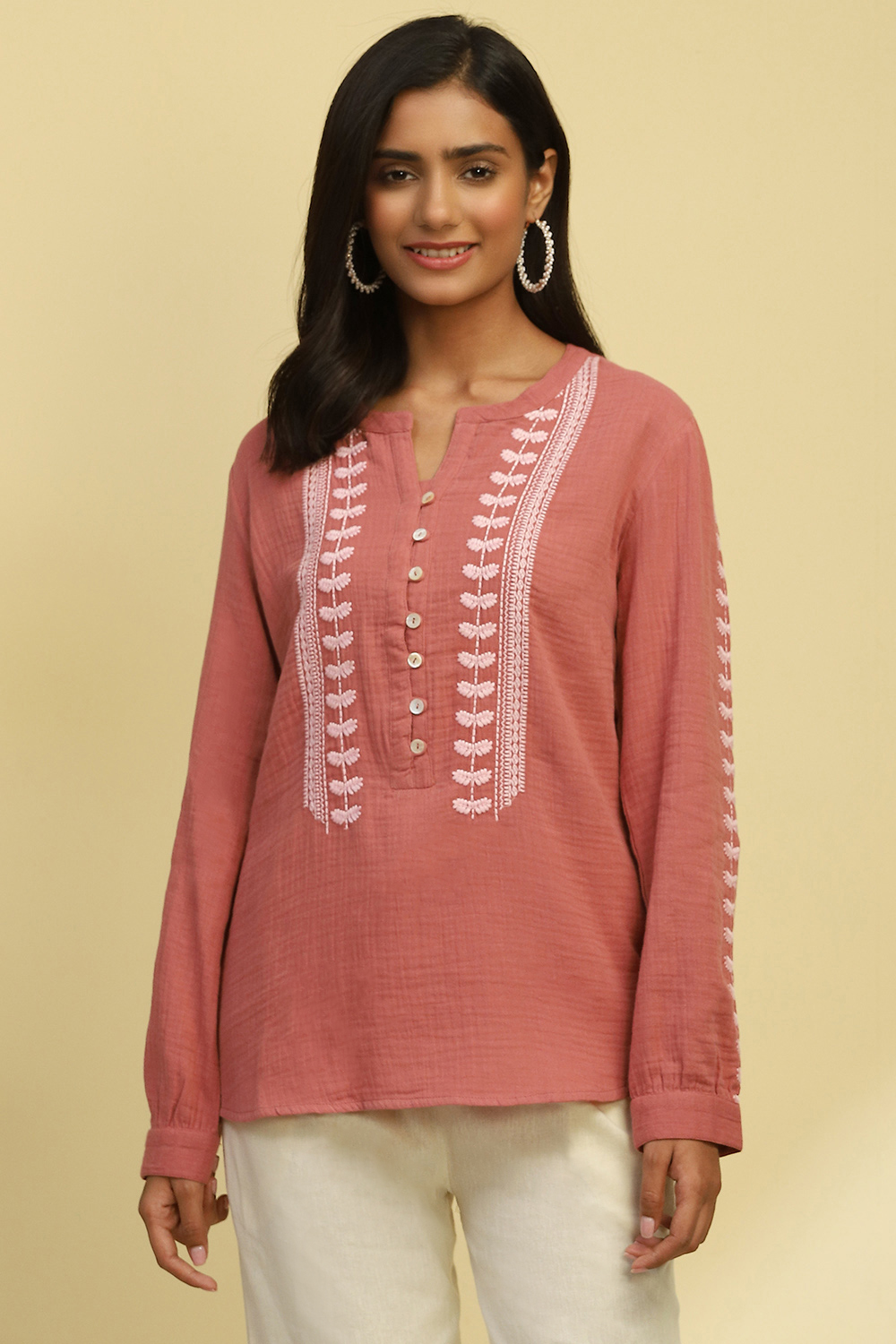 Dusky Pink Cotton Embroidered Straight Top image number 6