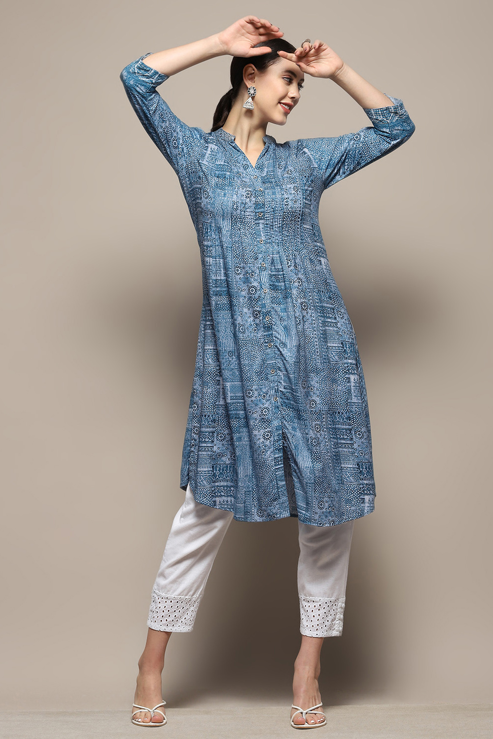 Beige Gathered Printed Straight Kurta image number 0