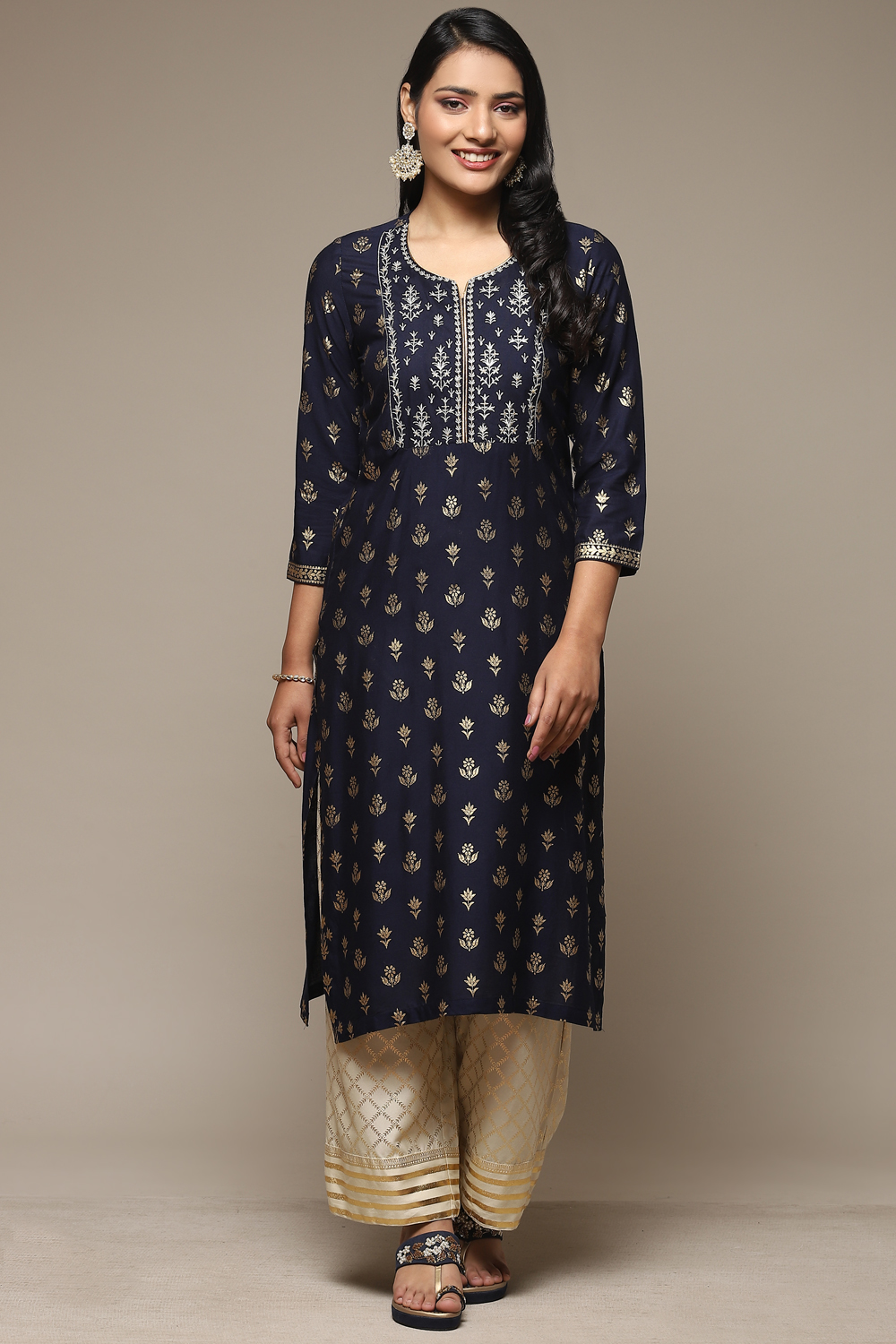 Navy Blue Rayon Straight Kurta Palazzo Suit Set image number 6