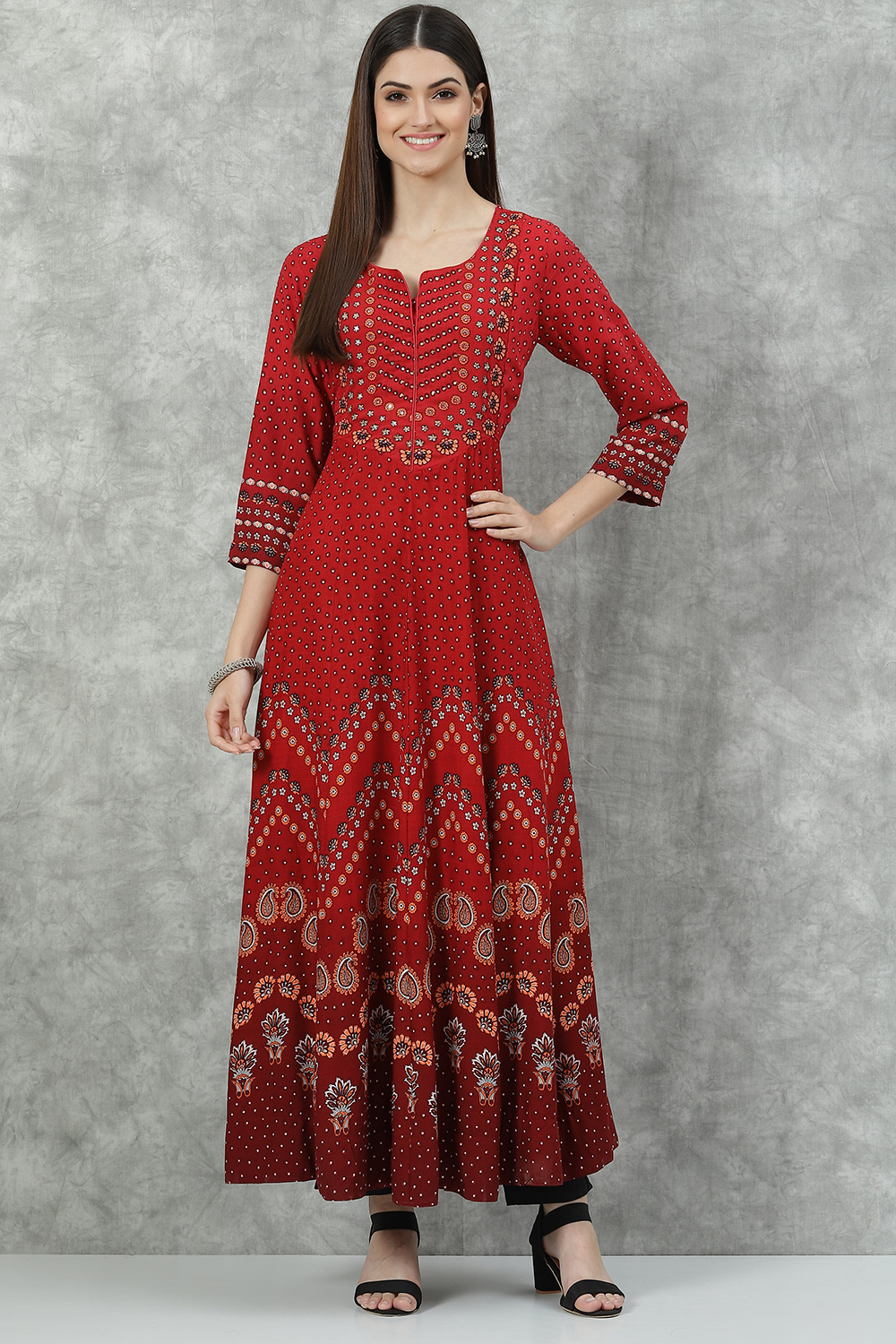 Red Rayon Flared Printed Kurta image number 4