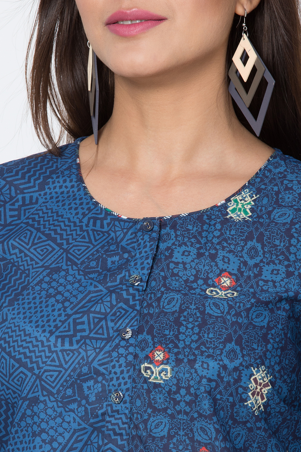 Indigo Cotton A-Line Printed Kurta image number 1