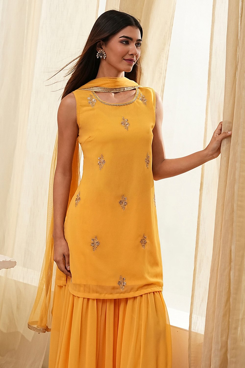 Ochre Yellow Embroidered Straight Suit Set image number 7