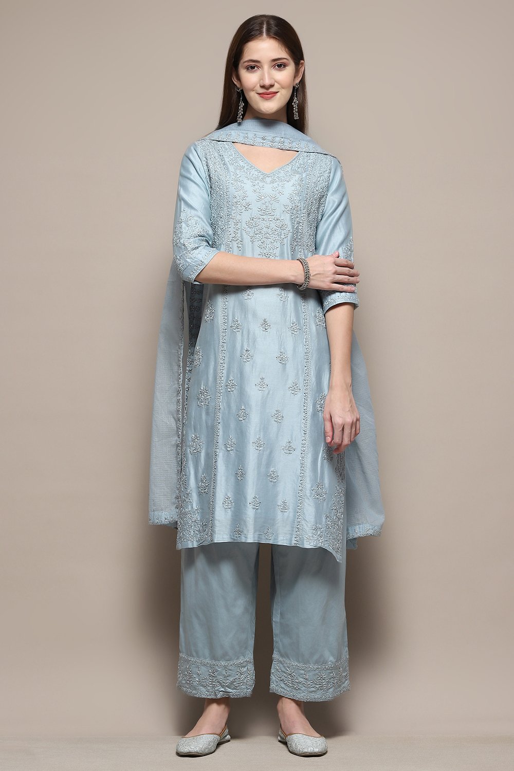 Ice Blue Embroidered Kurta & Palazzo Suit Set image number 7