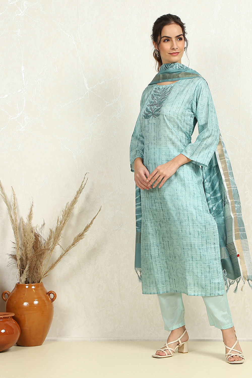 Teal Tussar Printed Unstitched Suit Set image number 5