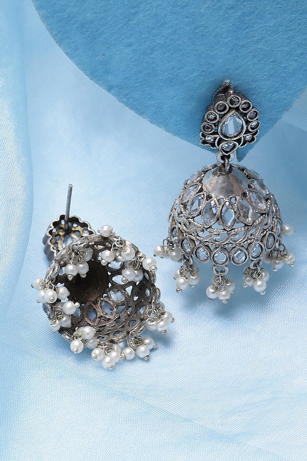 White Silver Oxidised Jhumkis image number 2