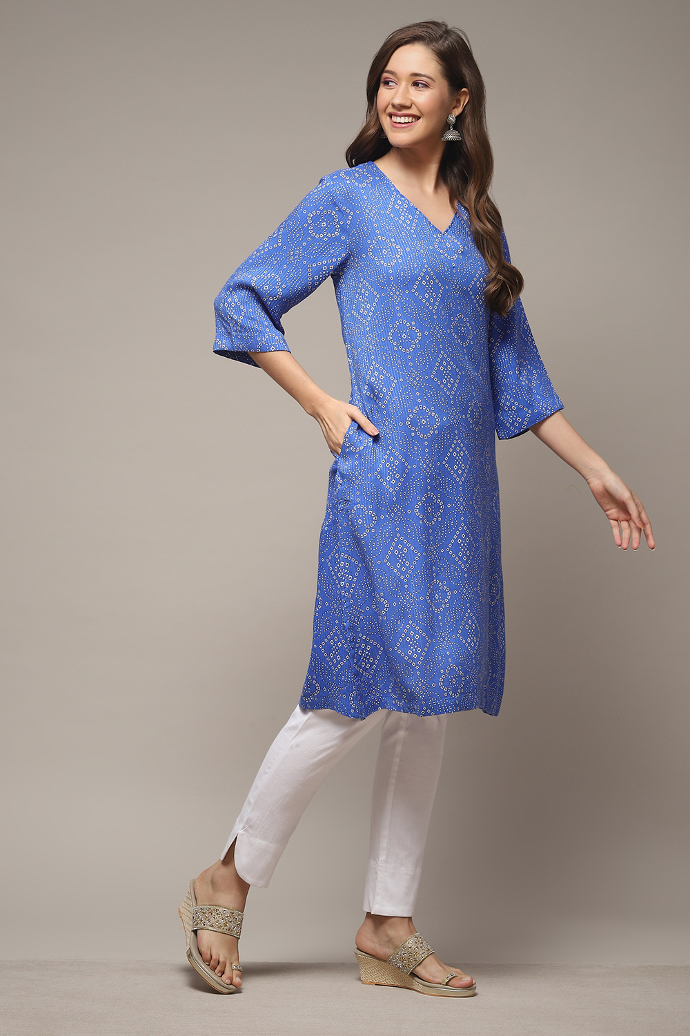 Electric Blue Viscose Straight Printed Kurta image number 4