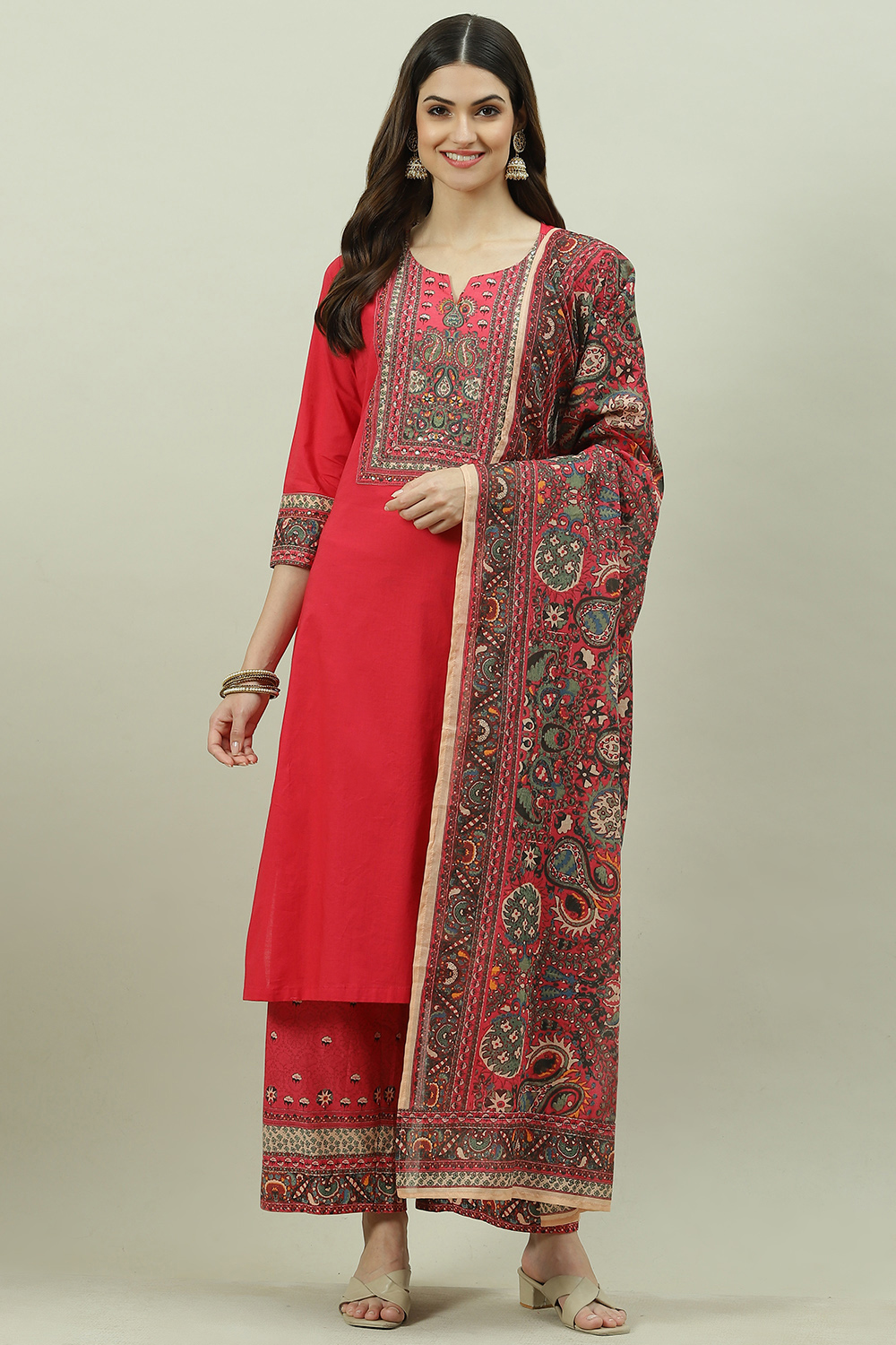 Red Cotton Straight Kurta Palazzo Suit Set image number 0