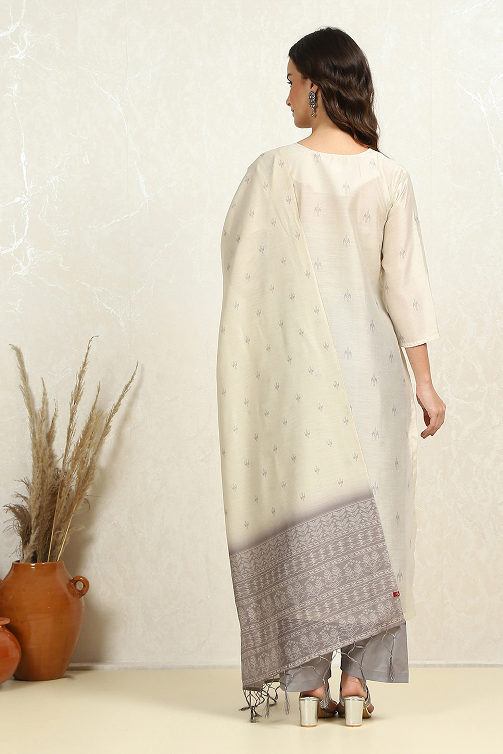 Grey and Off-White Chanderi Woven Unstitched Suit Set image number 5