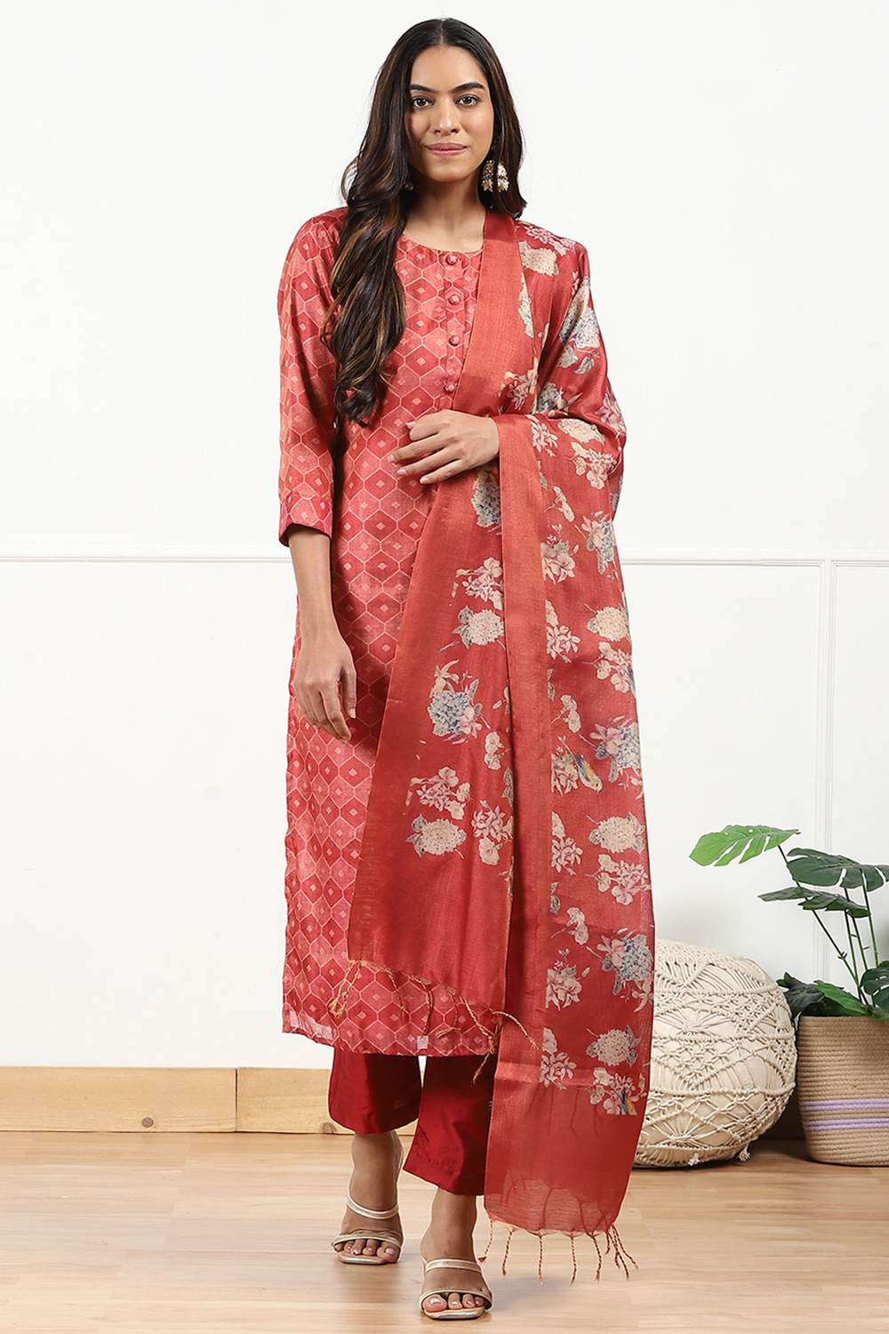 Grey Linen Blend Digital Print Unstitched Suit Set image number 1