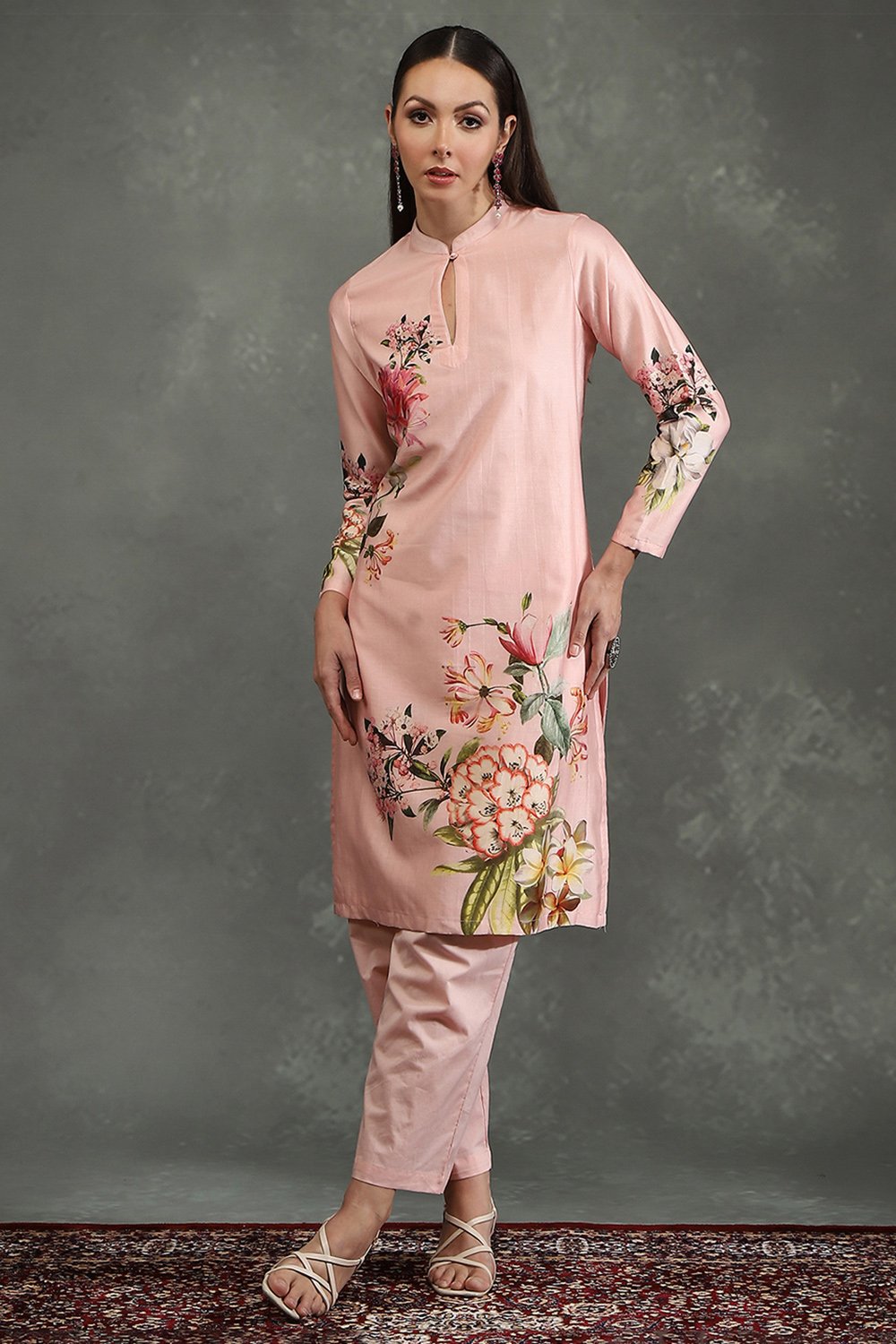 Rohit Bal Light Pink Silk Chanderi Floral Straight Kurta Set image number 0