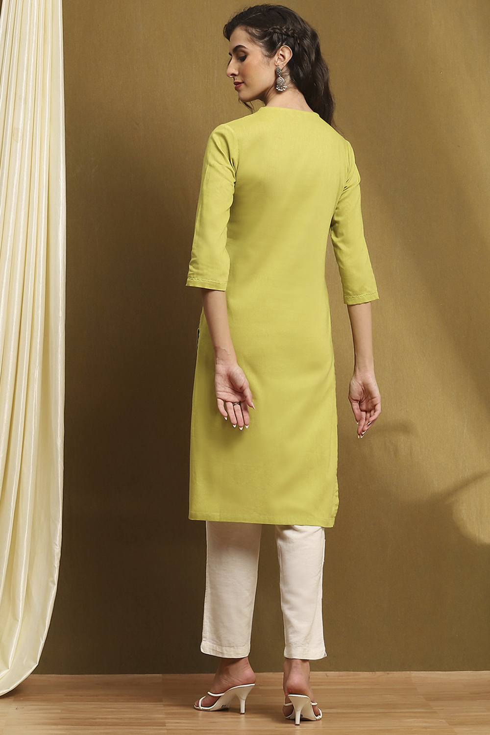 Peach-Coloured Cotton Blend Solid Straight Kurta image number 3