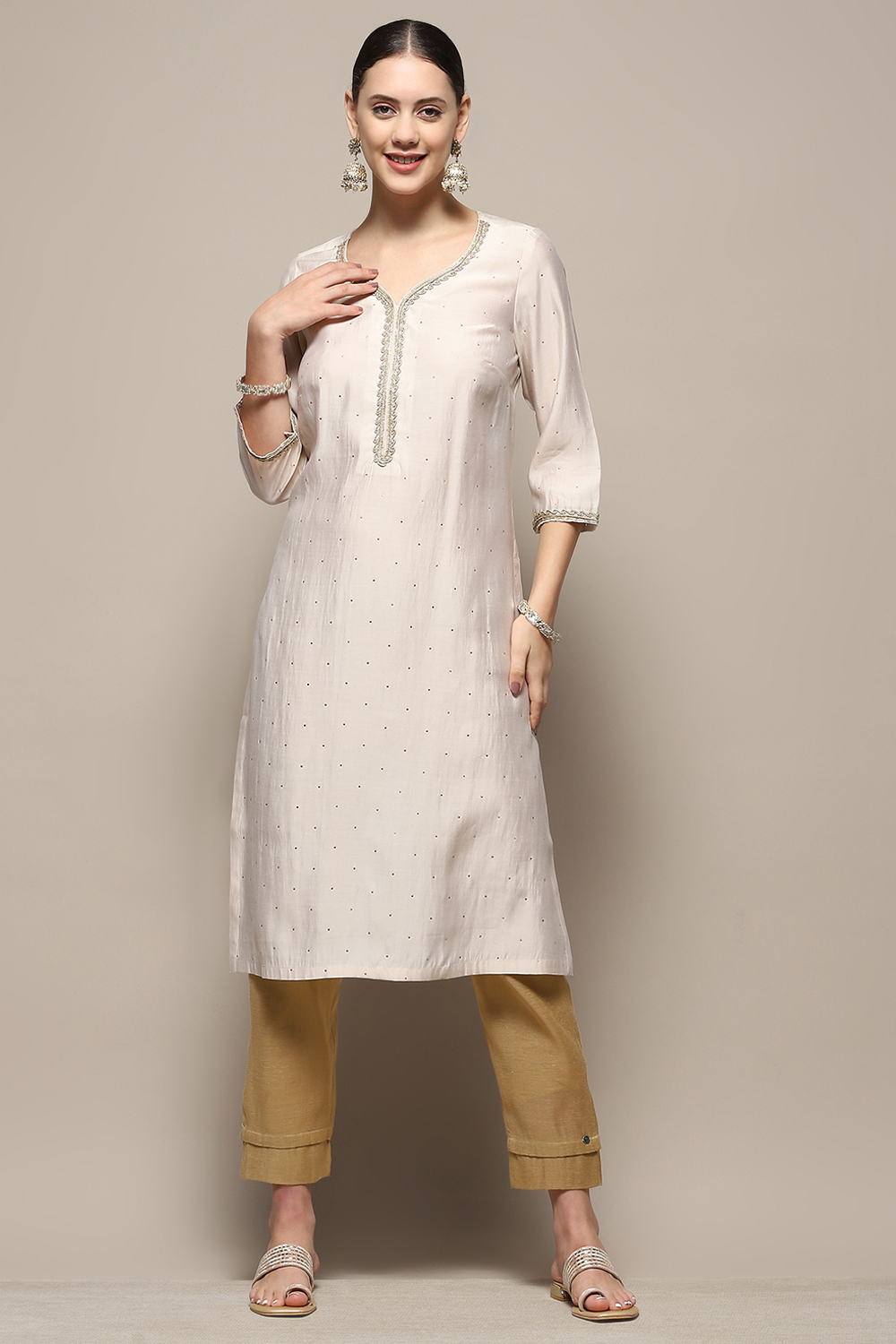 Beige Embellished Festive Straight Kurta image number 6