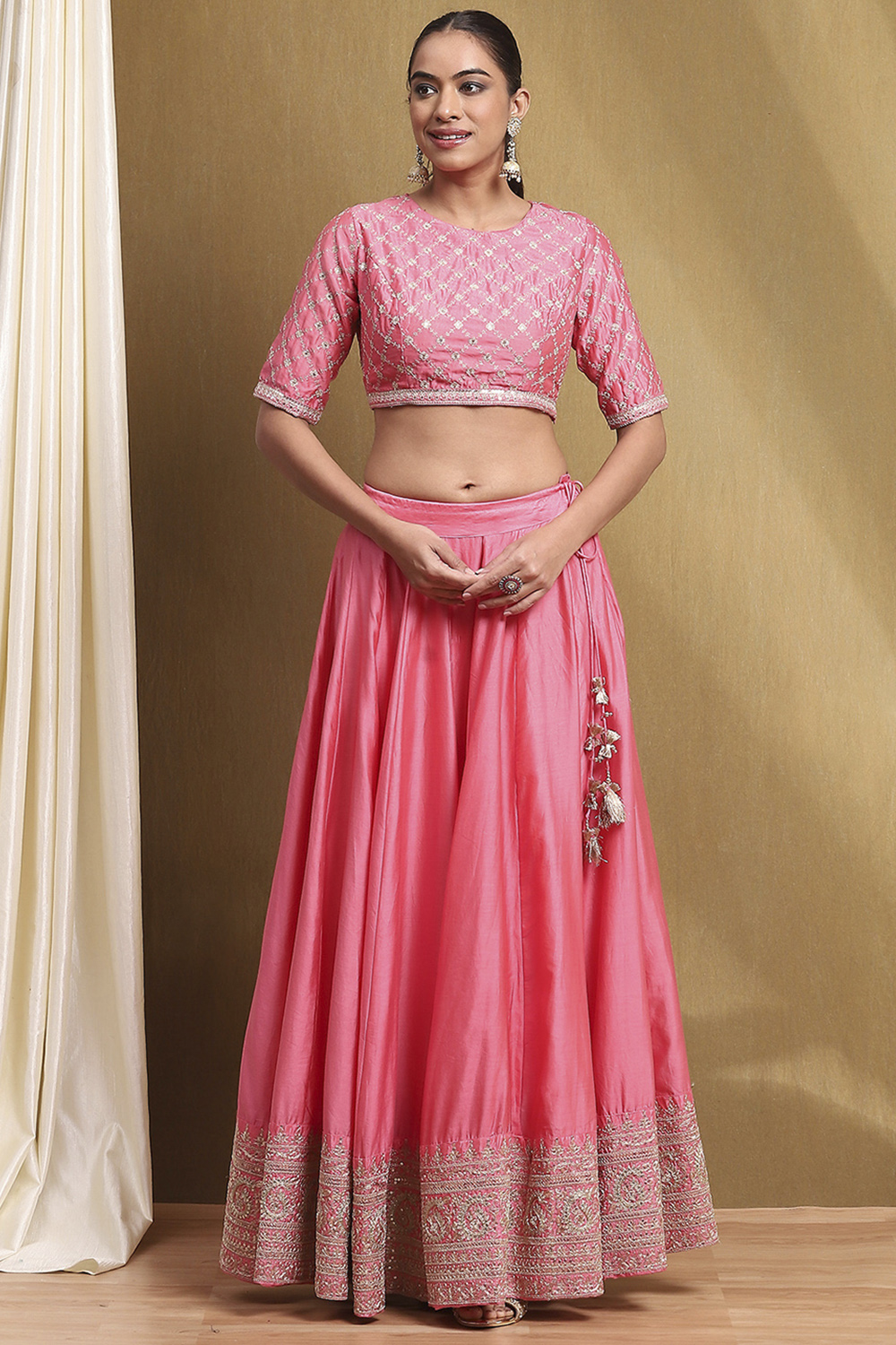 Coral Cotton Blend Straight Lehengas & Skirt Set image number 6