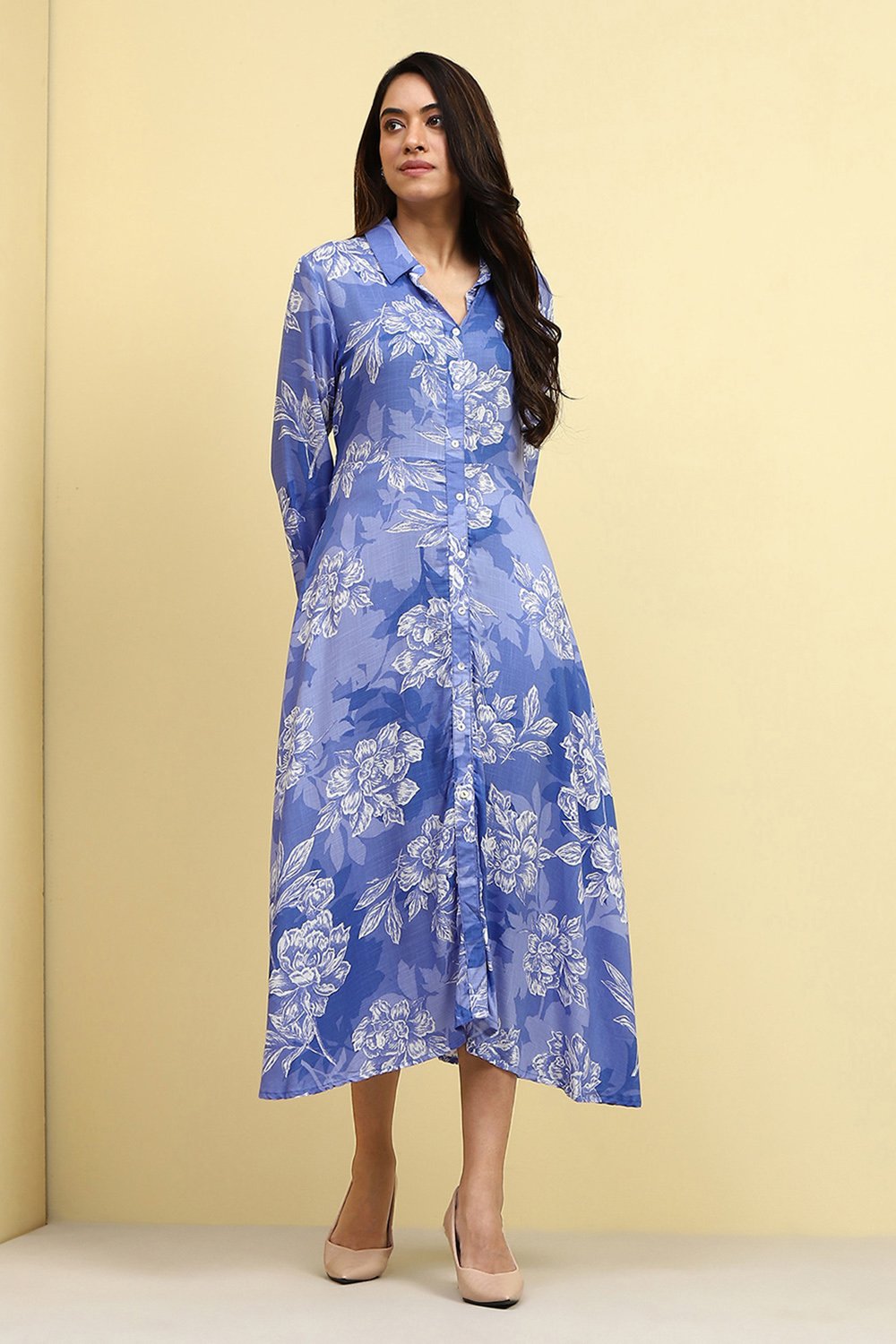 Blue Floral Printed Shirt Style A-line Dress image number 5