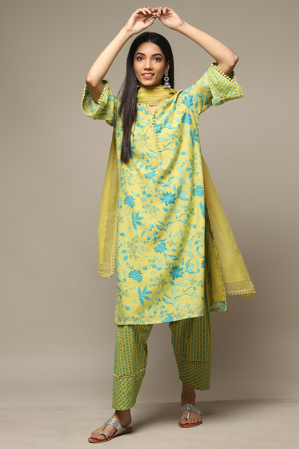 Lime Green Cotton Blend Straight Kurta Salwar Suit Set image number 0