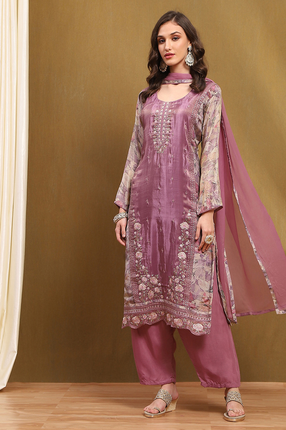 Purple Viscose Blend Printed Unstitched Suit Set image number 5