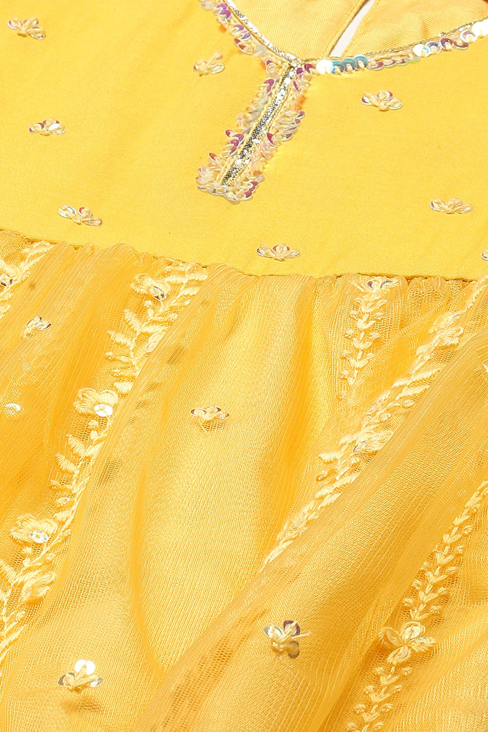 Yellow Nylon Gathered Embroidery Kurta Palazzo Suit Set image number 4