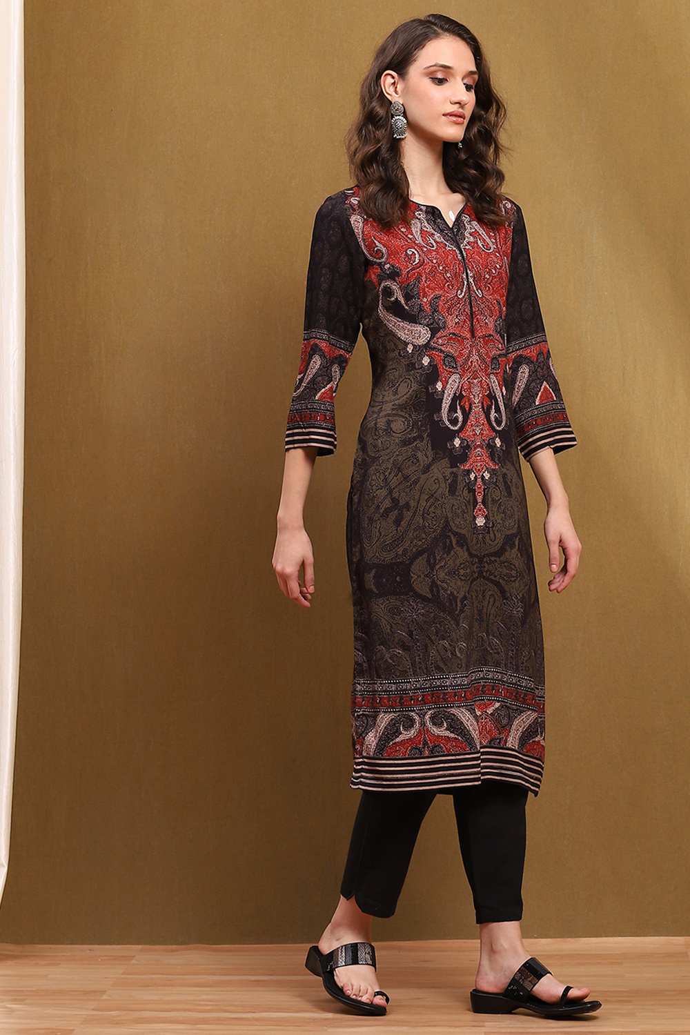 Black Hand-Block Printed Straight Kurta image number 4