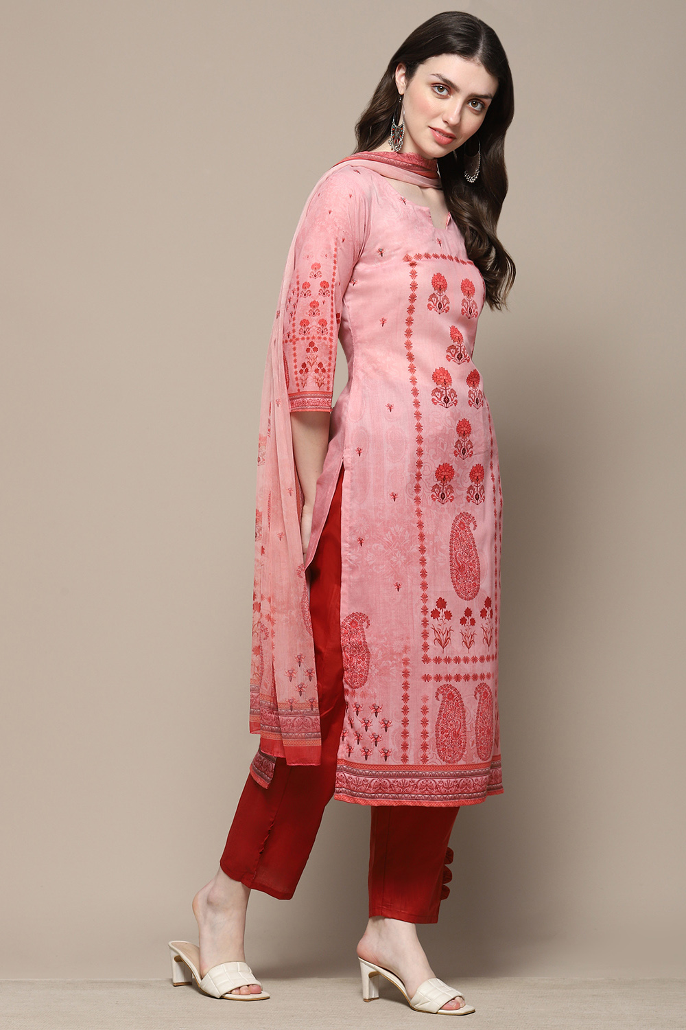 Red Cotton Blend Floral Digital Print Unstitched Suit Set image number 7