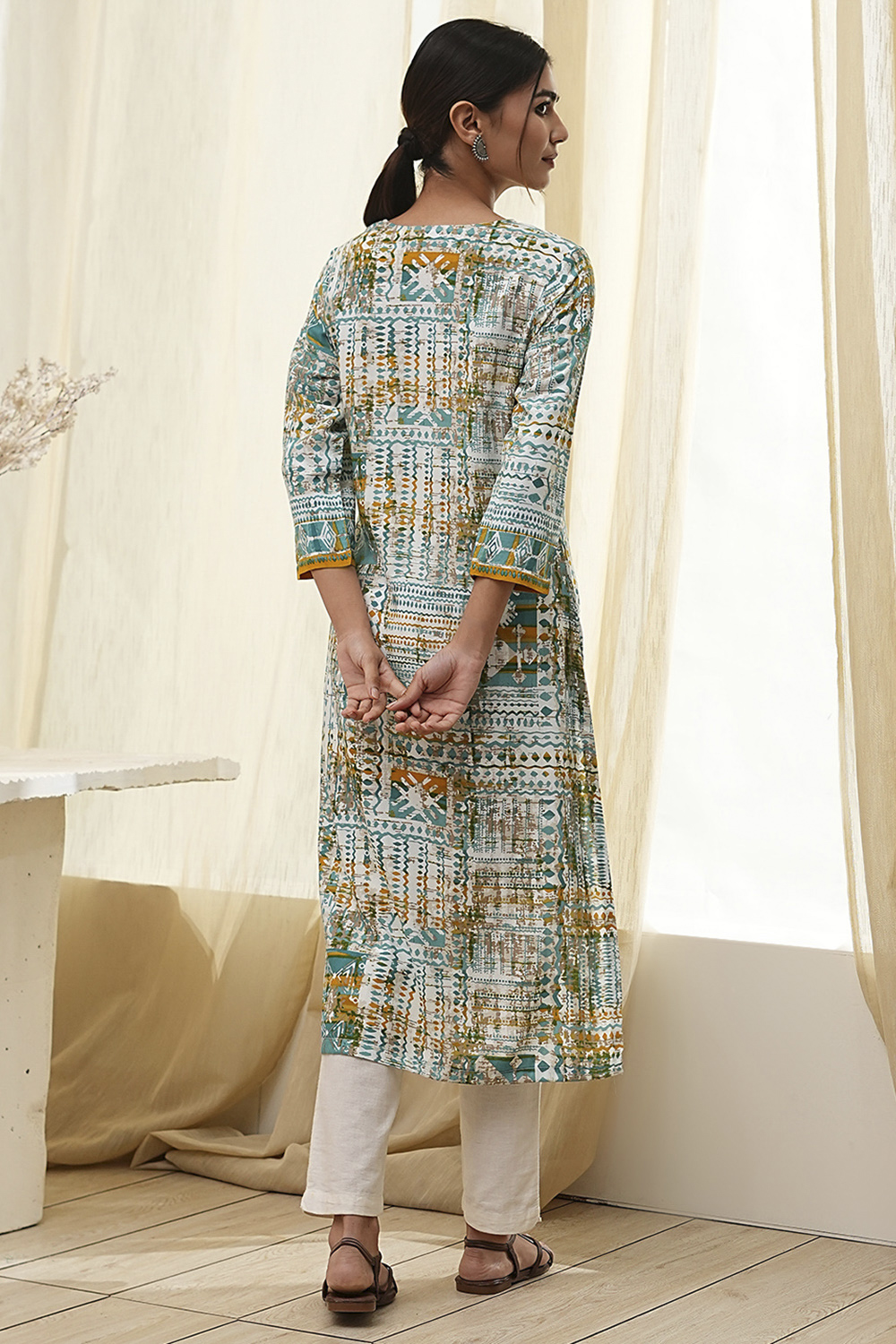 Teal Printed Straight Kurta image number 3