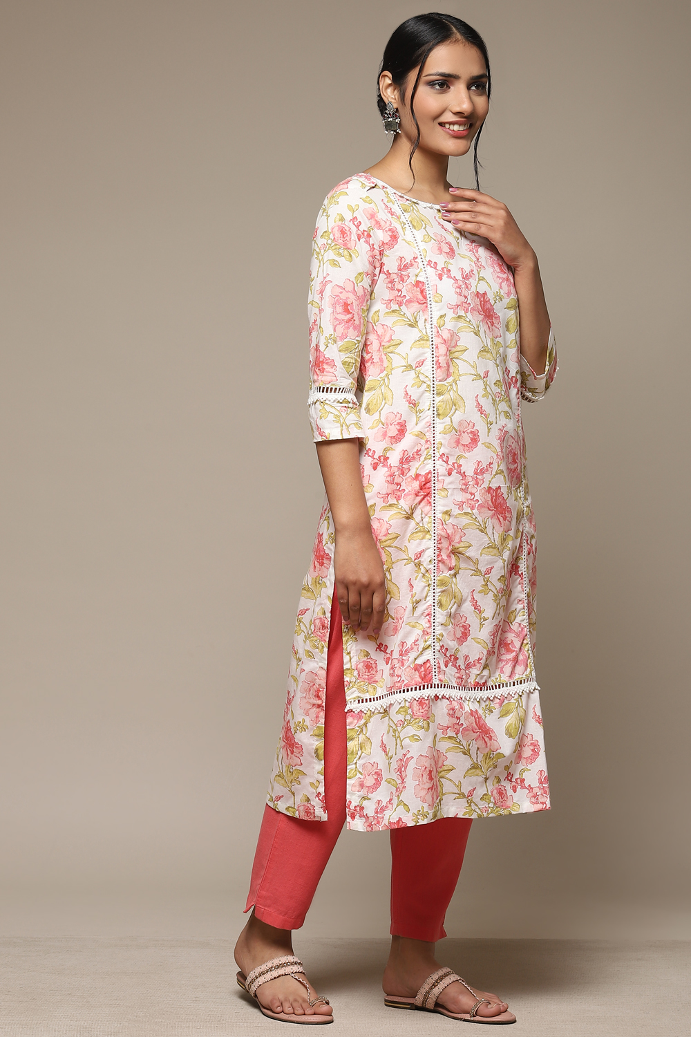 Pink Cotton Straight Printed Kurta image number 2