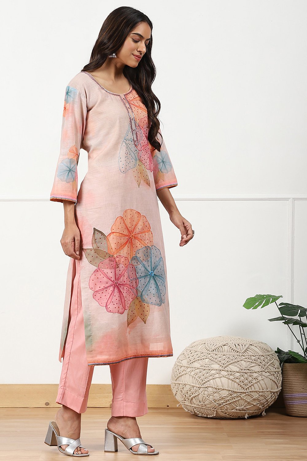 Peach-Colored Linen Printed Embroidered Unstitched Suit Set image number 6