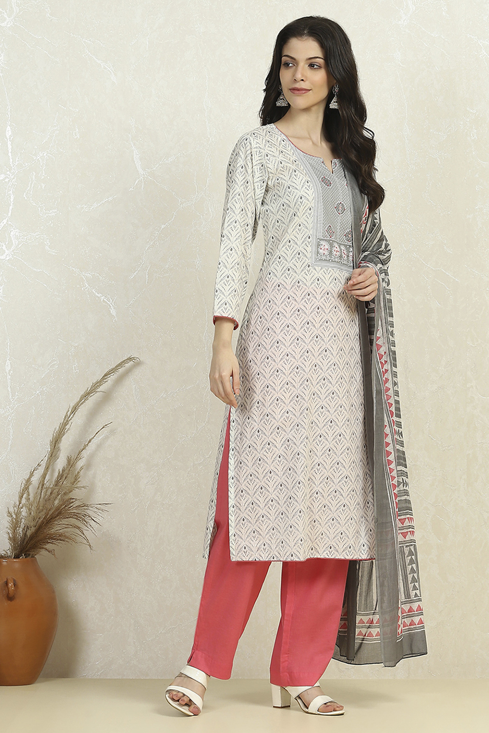 Grey Cotton Printed Embroidered Unstitched Suit Set image number 6