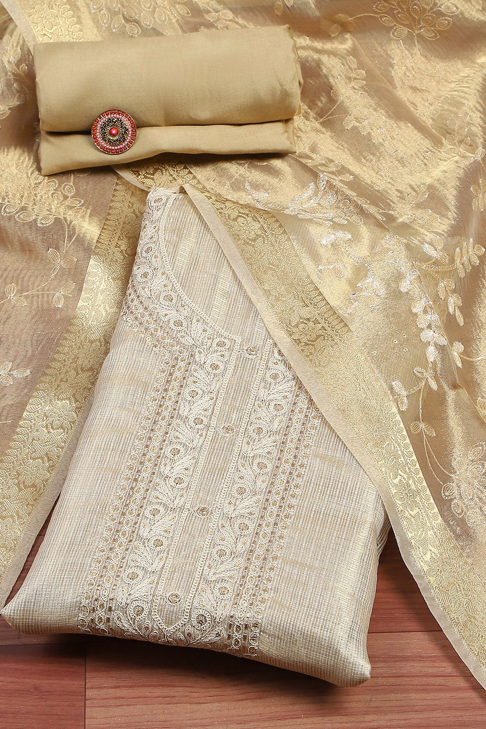 Beige Cotton Machine Embroidered Unstitched Suit Set image number 0