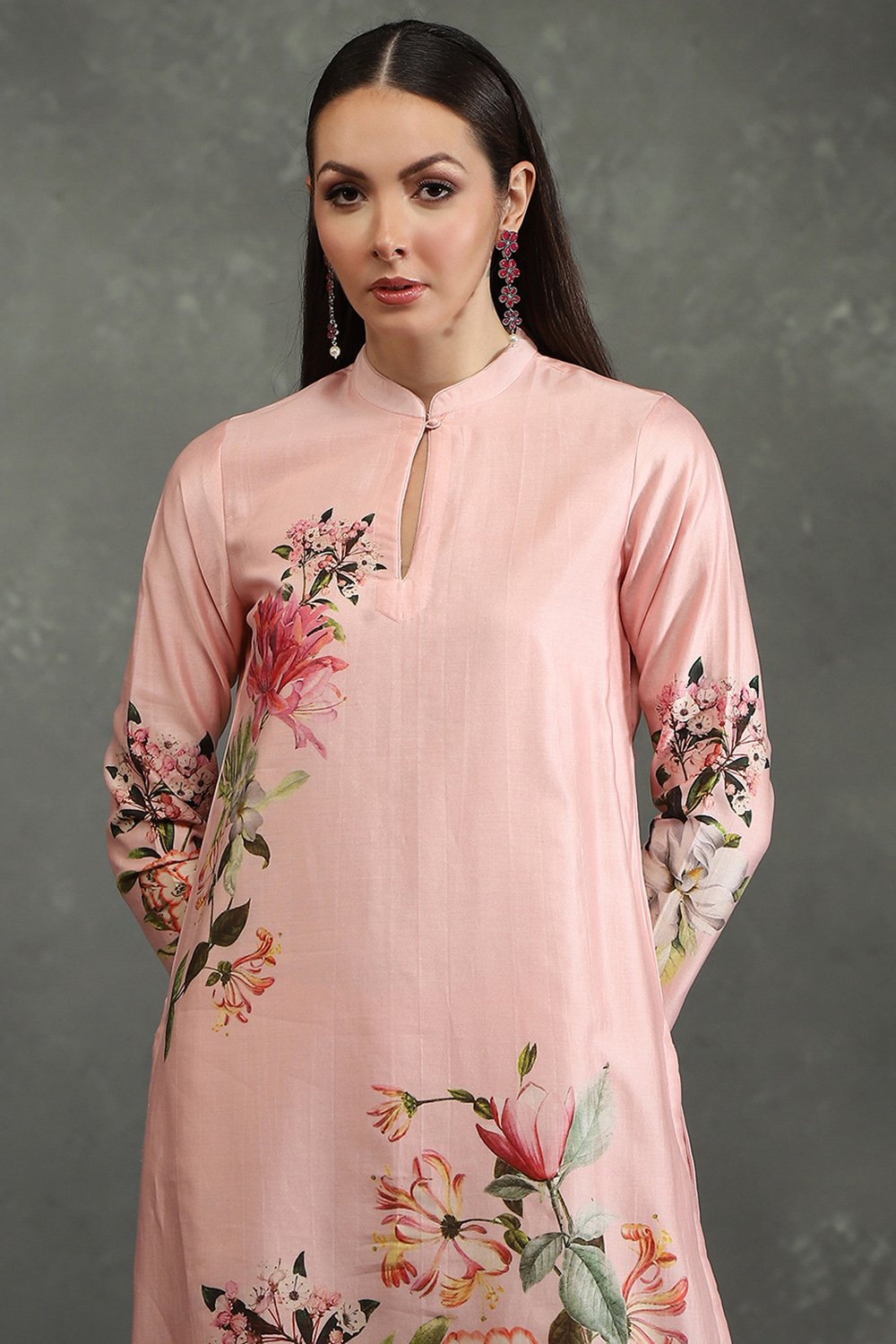 Rohit Bal Light Pink Silk Chanderi Floral Straight Kurta Set image number 1