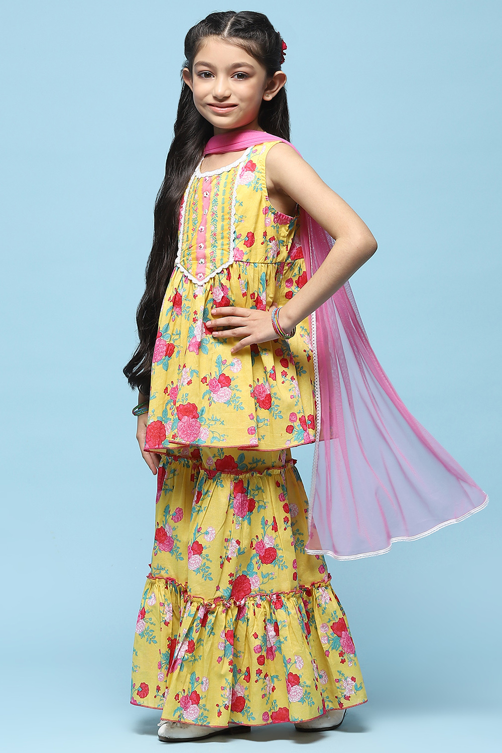 Yellow Cotton Peplum Kurta With Sharara & Net Dupatta image number 4