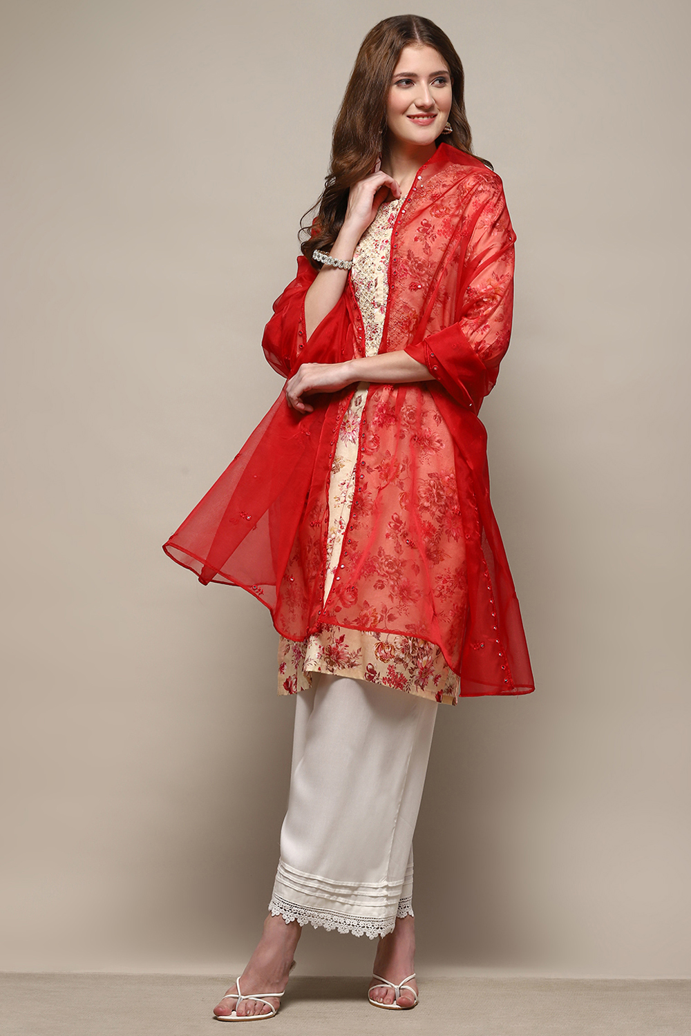 Red Embroidered Nylon Dupatta image number 2