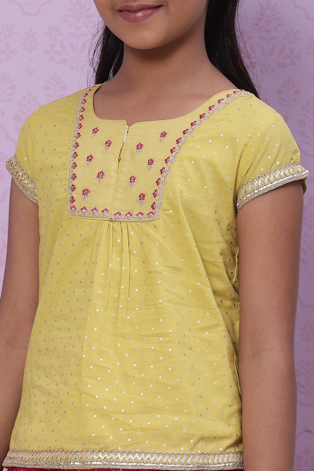 Lime Green And Pink Cotton Straight Kurta Skirt Suit Set image number 1