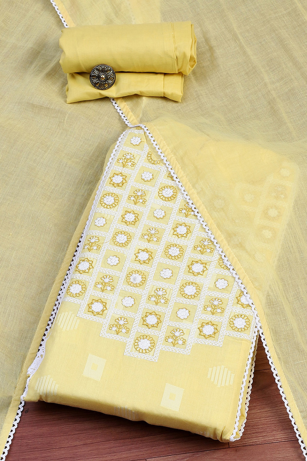 Yellow Cotton Handloom Unstitched Suit Set image number 0