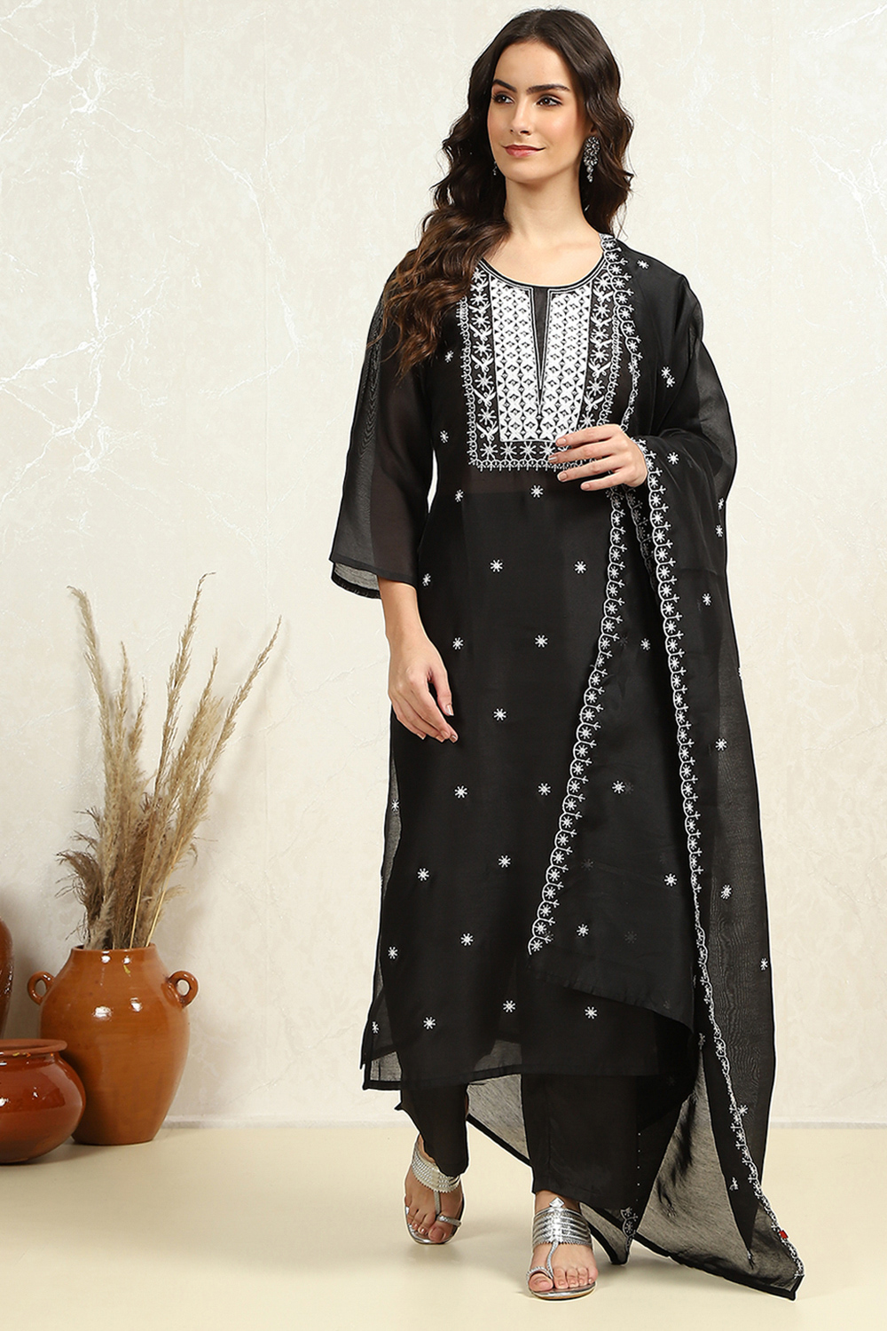 Black Chanderi Machine Embroidered Unstitched Suit Set image number 7