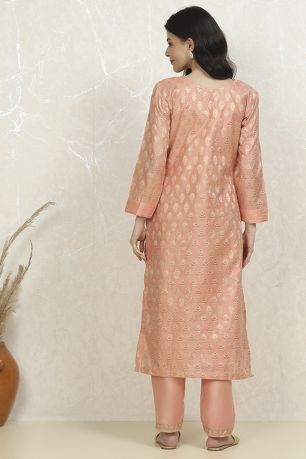 Peach Art Silk Woven Unstitched Suit Set image number 5