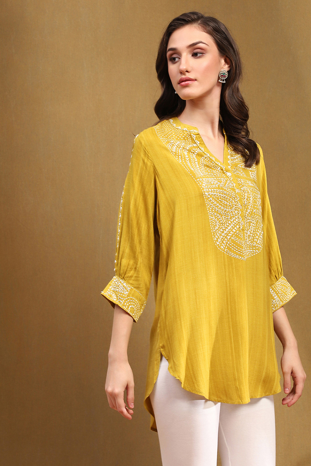 Mustard Yellow Liva Thread Work Straight Kurti image number 4