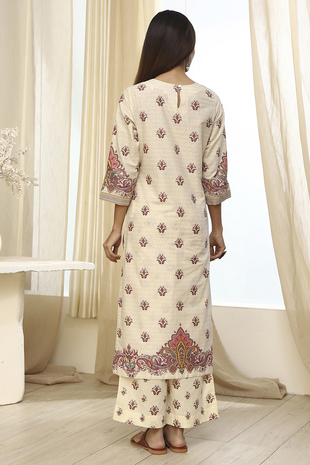 Beige Pure Cotton Printed Straight Suit Set image number 4